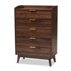 Baxton Studio Lena Mid-Century Modern Walnut Brown Finished 5-Drawer Wood Chest